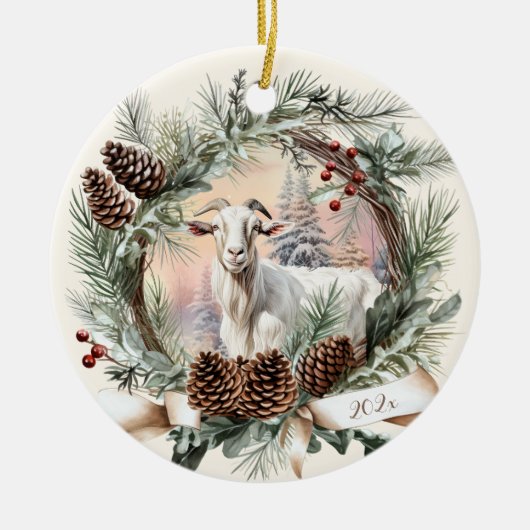 ホワイトヤギ農場動物クリスマスピネコンリース セラミックオーナメント (正面)