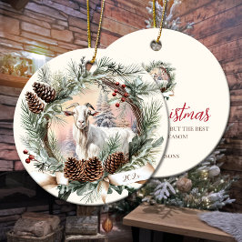 ホワイトヤギ農場動物クリスマスピネコンリース セラミックオーナメント