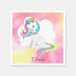 ホワイトユニコーンかわいらしピンクの水色の背景 スタンダードカクテルナプキン