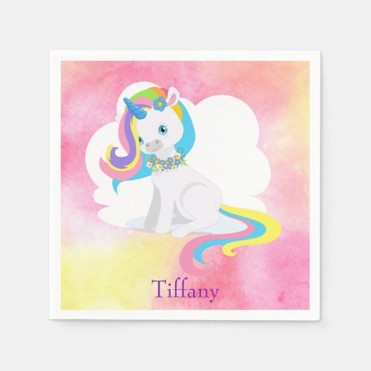 ホワイトユニコーンかわいらしピンクの水色の背景 スタンダードカクテルナプキン (正面)