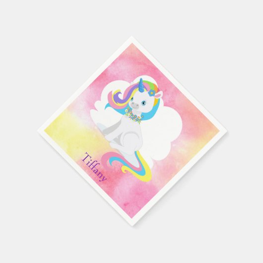 ホワイトユニコーンかわいらしピンクの水色の背景 スタンダードカクテルナプキン (角)