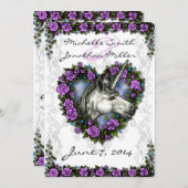 ホワイトユニコーンとパープルバラハート招待状 招待状 (正面/裏面)