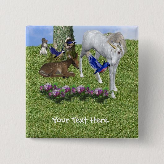 ホワイトユニコーンとフォレストの友人のファンタジーボタン 缶バッジ (正面)