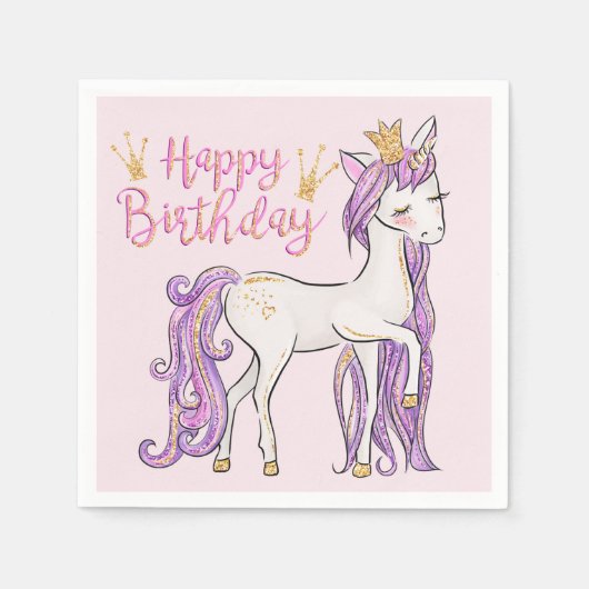 ホワイトユニコーンと金ゴールドモダン冠 スタンダードカクテルナプキン (正面)