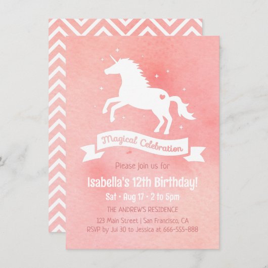 ホワイトユニコーンウォーターカラーガールズバースデーパーティー 招待状 (正面/裏面)