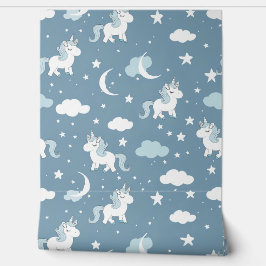 ホワイトユニコーンオンブルーベビー子供部屋 壁紙