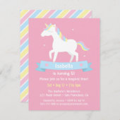ホワイトユニコーンガールズピンク誕生日パーティー 招待状 (正面/裏面)