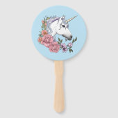 ホワイトユニコーンピンク色の花々青 ハンドファン (正面)