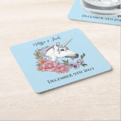 ホワイトユニコーンピンク色の花が青 スクエアペーパーコースター (アングル)