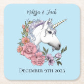 ホワイトユニコーンピンク色の花が青 スクエアペーパーコースター (正面)