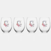 ホワイトユニコーンピンク色の花が青 ステムなしワイングラス (裏面)