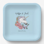 ホワイトユニコーンピンク色の花が青 ペーパープレート (正面)
