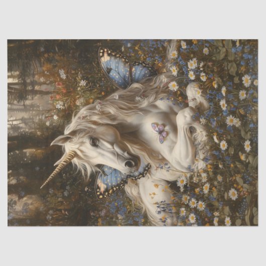 ホワイトユニコーンブルーバタフライメドウフローラファンタジー 薄葉紙 (正面)