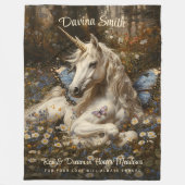 ホワイトユニコーンブルーバタフライメドウフローラ フリースブランケット (正面)