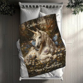 ホワイトユニコーンブルーバタフライメドウフローラ フリースブランケット