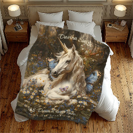 ホワイトユニコーンブルーバタフライメドウフローラ フリースブランケット