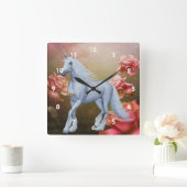 ホワイトユニコーンホースピンクローズファンタジー スクエア壁時計 (ホーム)