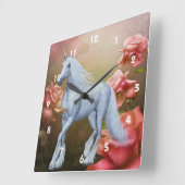 ホワイトユニコーンホースピンクローズファンタジー スクエア壁時計 (傾斜)