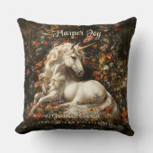 ホワイトユニコーンヴィンテージフローラファンタジーアート神話的 クッション (正面)