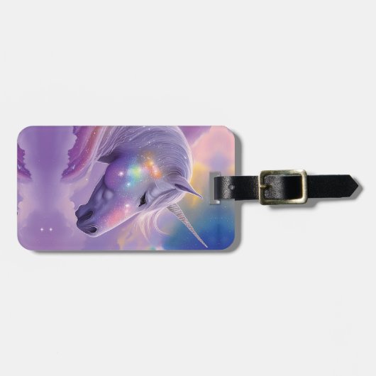ホワイトユニコーン威厳のあるレインボーグリッターキラキラ ラゲッジタグ (正面横)