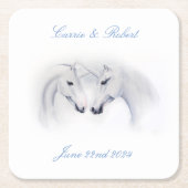 ホワイトユニコーン愛のカップル スクエアペーパーコースター (正面)