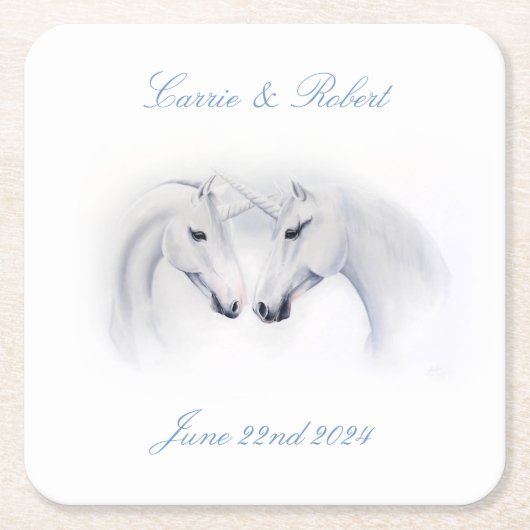 ホワイトユニコーン愛のカップル スクエアペーパーコースター (正面)