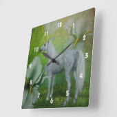 ホワイトユニコーン馬と花のファンタジーアート スクエア壁時計 (傾斜)