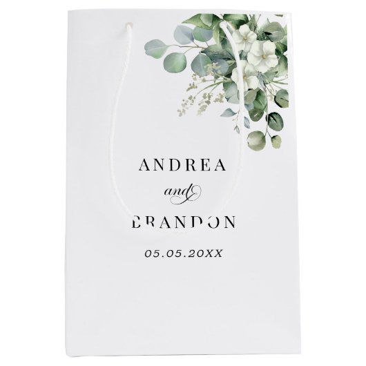 ホワイトユーカリフローラミニマリストエレガントな結婚式 ミディアムペーパーバッグ (正面)