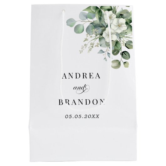 ホワイトユーカリフローラミニマリストエレガントな結婚式 ミディアムペーパーバッグ (裏面)