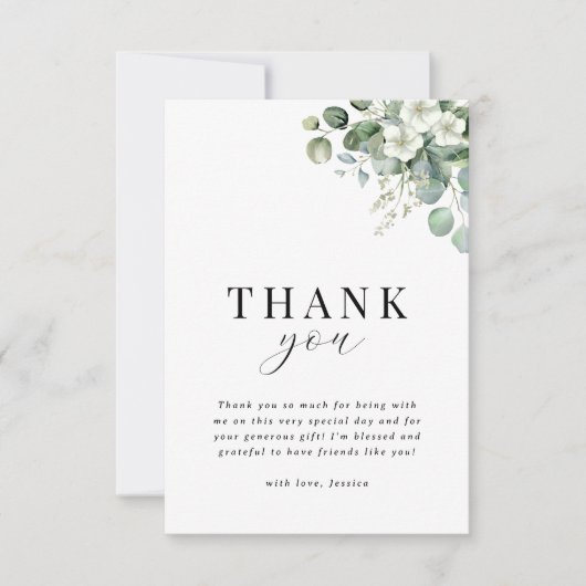 ホワイトユーカリプトゥスウォーターカラーフローラブライダルシャワー サンキューカード (正面)
