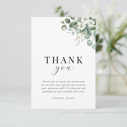 ホワイトユーカリプトゥスウォーターカラーフローラブライダルシャワー サンキューカード (スタンド正面)