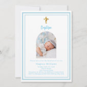 ホワイトライトブルーの写真アーチ金ゴールドクロスボーイバプテスマ 招待状 (正面)