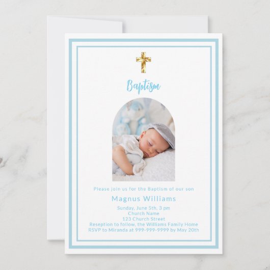 ホワイトライトブルーの写真アーチ金ゴールドクロスボーイバプテスマ 招待状 (正面)
