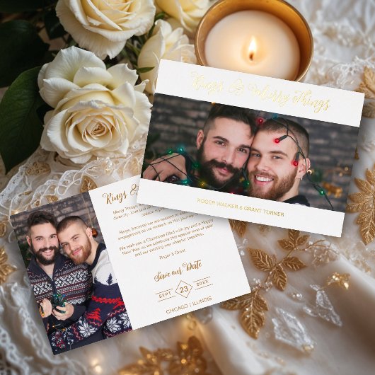 ホワイトラグジュアリー結婚ホリデーの2枚の写真クリスマス 箔招待状