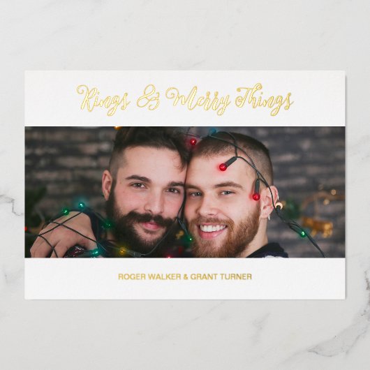 ホワイトラグジュアリー結婚ホリデーの2枚の写真クリスマス 箔招待状 (正面)