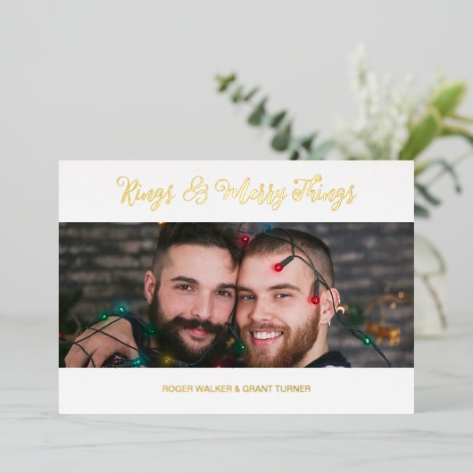 ホワイトラグジュアリー結婚ホリデーの2枚の写真クリスマス 箔招待状 (立ち正面)