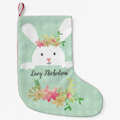 ホワイトラビットグリーン金ゴールドポインセチアフローラ スモールクリスマスストッキング (正面)