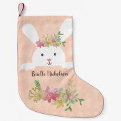 ホワイトラビットピンク金ゴールドポインセチアフローラピーチ スモールクリスマスストッキング (正面)