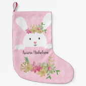 ホワイトラビットピンク金ゴールドポインセチアフローラ スモールクリスマスストッキング (正面)