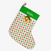 ホワイトラージCh上の緑と赤のダイヤモンドスターパターン ラージクリスマスストッキング (正面 (吊り時))