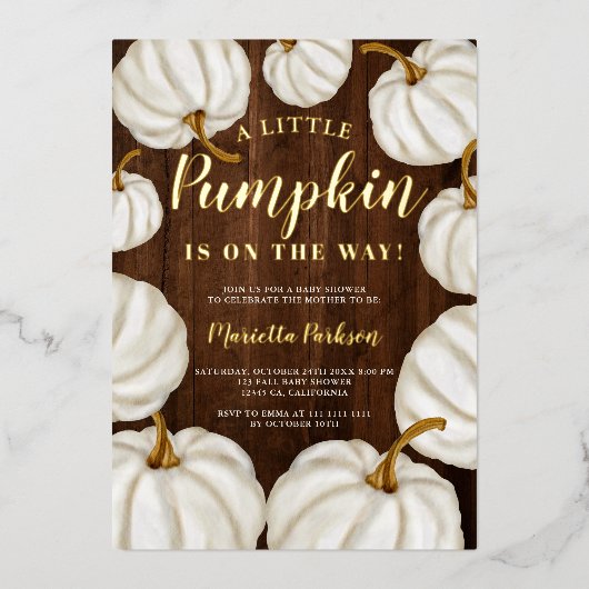 ホワイトリトルカボチャの木の秋ベビーシャワー 箔招待状 (正面)