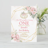 ホワイトリトルカボチャピンクフローラ金ゴールド1st誕生日 招待状 (スタンド正面)