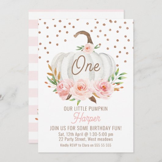 ホワイトリトルカボチャフローラ1st誕生日 招待状 (正面/裏面)