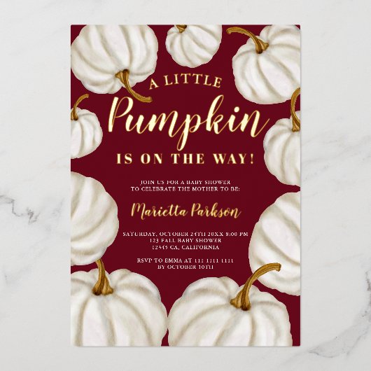 ホワイトリトルカボチャ赤い秋赤いシャワー 箔招待状 (正面)
