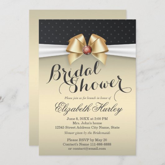 ホワイトリボンと金ゴールドリボンとレッドダイヤモンドブライダルシャワー 招待状 (正面/裏面)