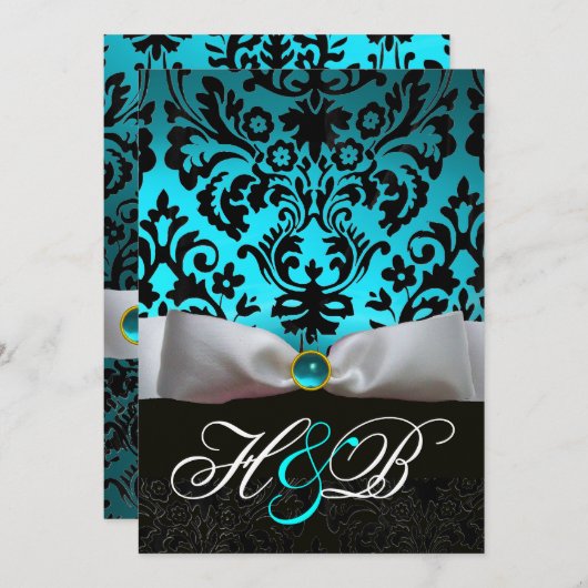 ホワイトリボンティール（緑がかった色）アクアブルーブラックダマスクモノグラム 招待状 (正面/裏面)