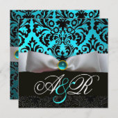 ホワイトリボンティール(緑がかった色)アクアブルーブラックダマスクモノグラム 招待状 (正面/裏面)