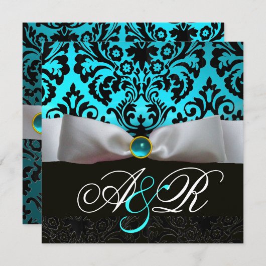 ホワイトリボンティール（緑がかった色）アクアブルーブラックダマスクモノグラム 招待状 (正面/裏面)
