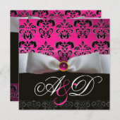 ホワイトリボンピンクパープルブラックダマスクモノグラム 招待状 (正面/裏面)