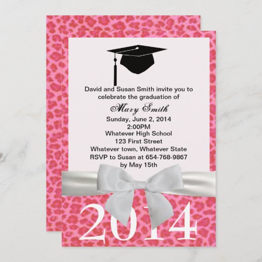 ホワイトリボンピンクヒョウ卒業招待状 招待状 (正面/裏面)